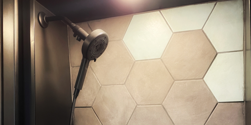 Brondell Nebia Merced 5-setting Handshower installed in small RV shower space