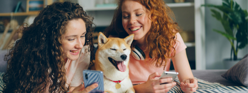 two women laying on the carpeted floor with a shiba inu dog